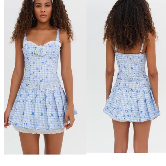 NEW $269 FOR LOVE AND LEMONS BRIGITTA FLORAL GINGHAM DENIM MINI DRESS W/ROSE S - Picture 2 of 13